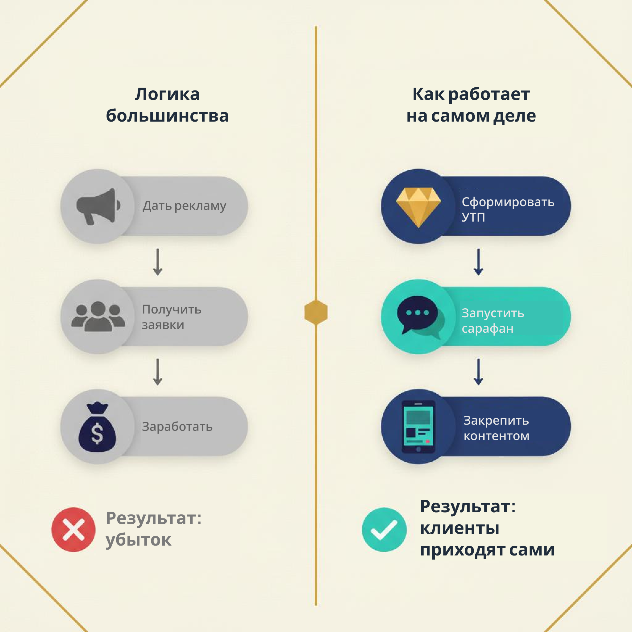 Сравнение: логика рекламы vs реальная система привлечения клиентов