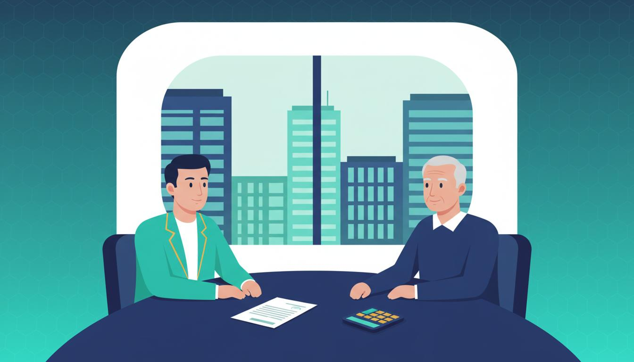 Предприниматель за столом переговоров — контракт и калькулятор